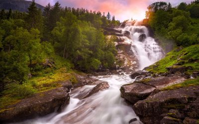 stream, mountain waterfall, waterfall, river, evening, norway