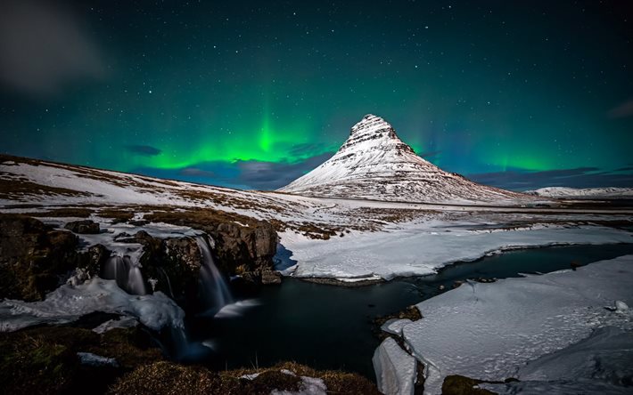 a la montaña, al norte, el volcán, la noche, islandia, luces del norte, kirkjufell