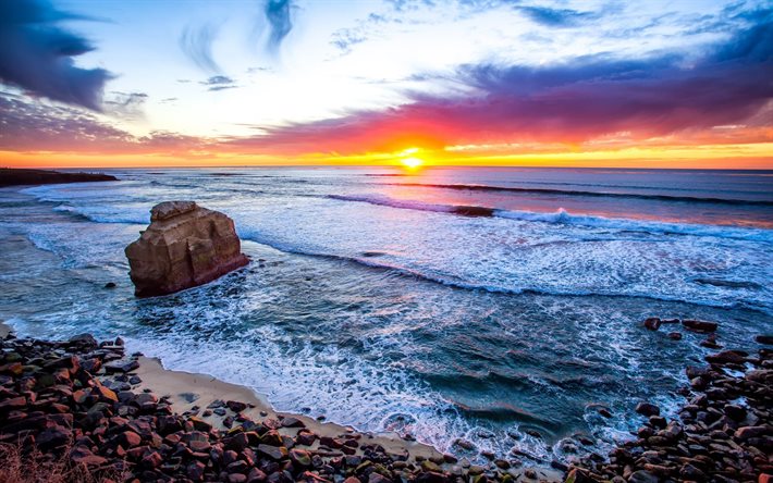 الفجر, الساحل, موجة, الشاطئ, الشمس, الولايات المتحدة الأمريكية, سان دييغو, كاليفورنيا