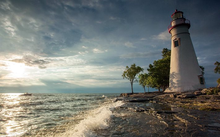 morning, wave, coast, lighthouse, landscape