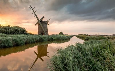 mill, channel, reed, river, sunset