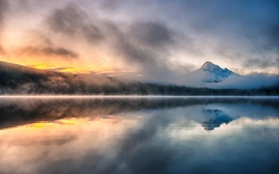 la montagne, le brouillard, le lac, le matin, l'étang