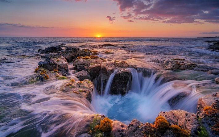 amanecer, hawaii, por la mañana, la costa, el océano