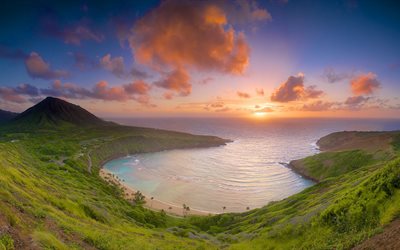 el amanecer, el mar, la playa, hawai, la isla de oahu, la bahía de hanauma