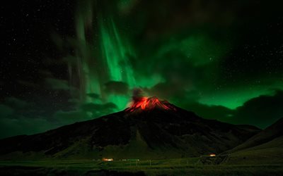 a erupção de um vulcão, luzes do norte, o vulcão, noite
