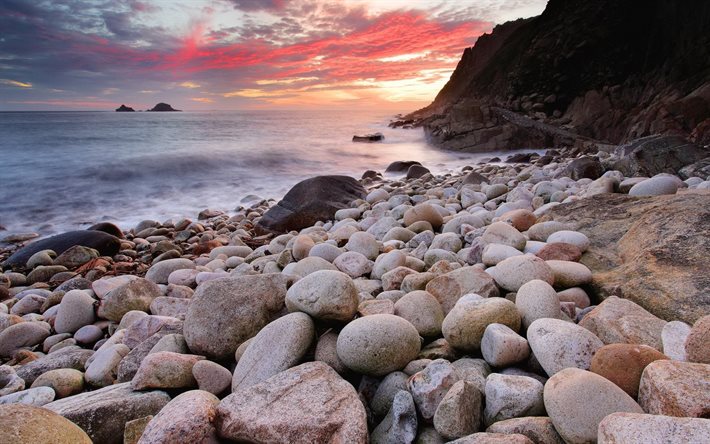 morning, sea, sunrise, wave, stones