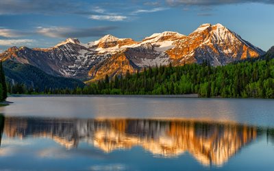 the lake, mountains, mountain landscape, sunset, the tops of the mountains