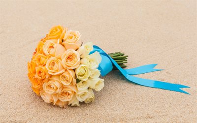 orange rosen, strand, hochzeit, bouquet, sand, blumen