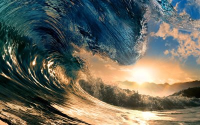 the ocean, wave, sunset, the crest of a wave, the event