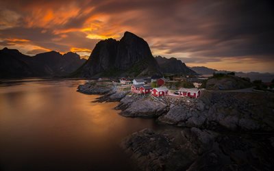 mountains, bay, sea, evening, sunset, norway, the sky