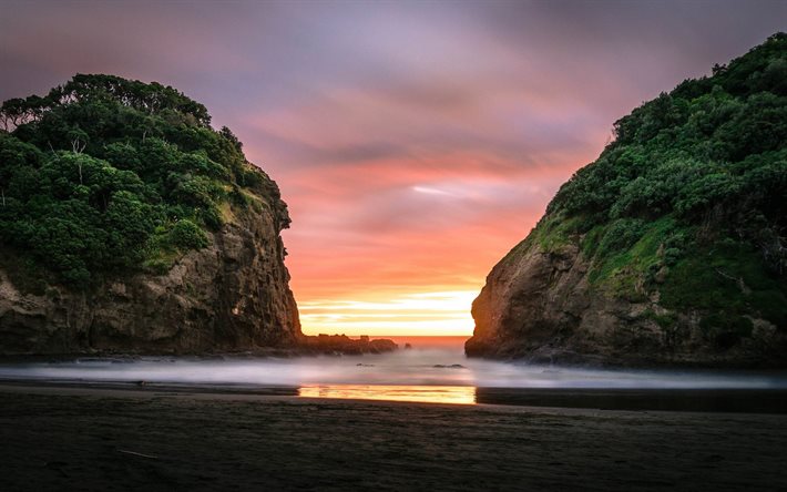 bethells الشاطئ, روك, نيوزيلندا, الفجر, الشاطئ, أوكلاند