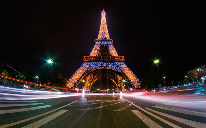 Fransa, Eyfel Kulesi, ışıklar, gece, paris