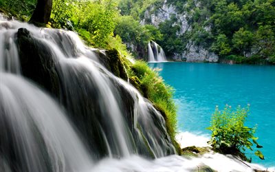 waterfall, the lake, forest, blue lake