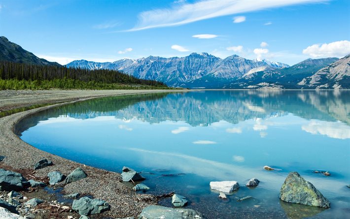 kanada, blå sjö, skog, vacker sjö, berg, yukon