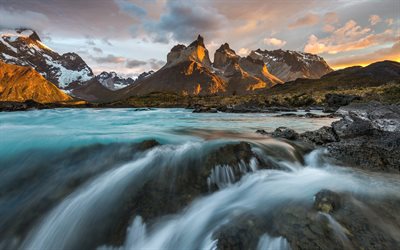 sunset, mountains, water, torres del paine, stream, south america, patagonia, river, chile, andes mountains
