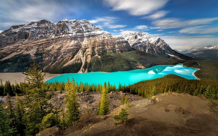 el lago azul, montañas, rocas, canadá, alberta