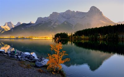 banff, the lake, morning, fog, mountain, canada, canmore, grassi lake