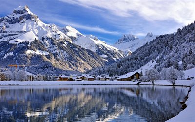 l'hiver, la neige, les montagnes, le lac, le village