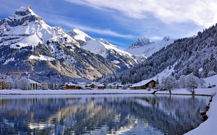 invierno, nieve, montañas, el lago, el pueblo