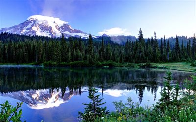 mountains, summer, the lake, snow, the tops of the mountains, forest