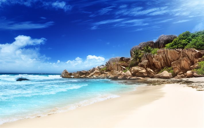 les seychelles, l'océan, la plage, les pierres, les vagues, le paradis