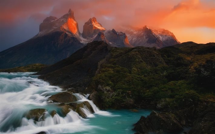 patagonia, mountains, sunset, mountain river, waterfalls