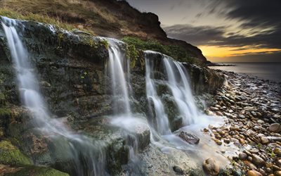 chute d'eau, côte, de cailloux, de roches, osmington moulins, la côte jurassique