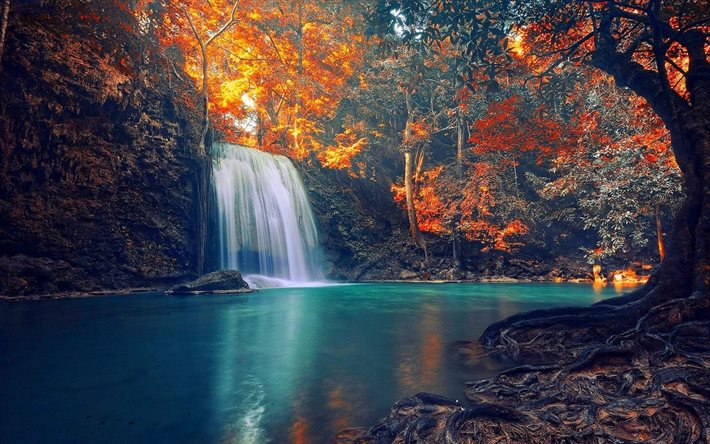 landscape, autumn, waterfall, forest, the lake, blue lake