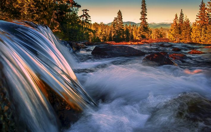 waterfall, forest, river, sunset