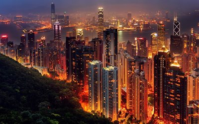 hong kong, metropolis, night, skyscrapers