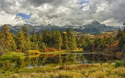 mountains, autumn, the lake, forest, white clouds