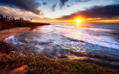 새벽, 해변, sun, 미국, 샌디에이고, 캘리포니아