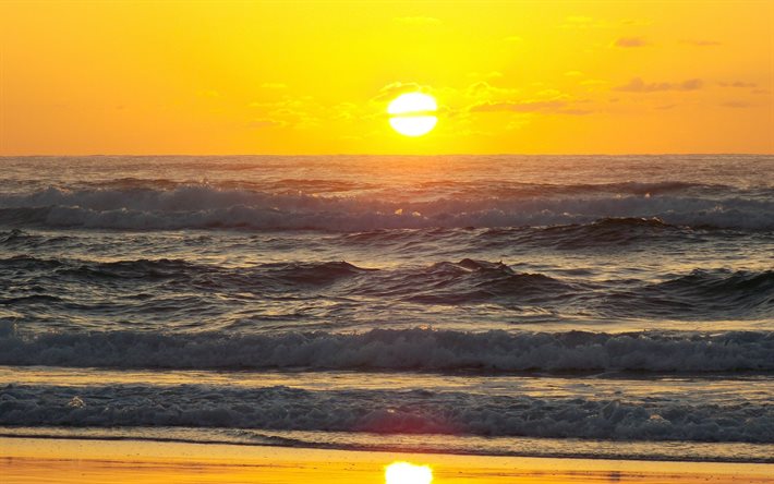 sunset, sea, the sun, wave, spain