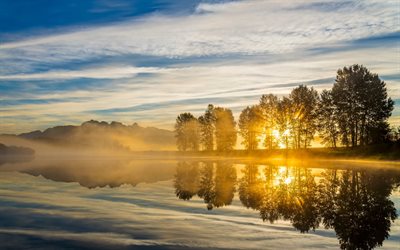 el amanecer, el estanque, el lago, por la mañana