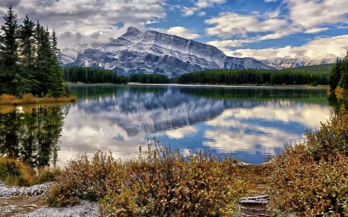 the lake, mountain, snow, morning, mount rundle, canada, banff