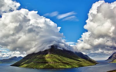 islas feroe, las nubes, las nubes blancas, isla, montaña, dinamarca