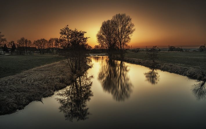 the lake, stream, field, sunset, evening, autumn