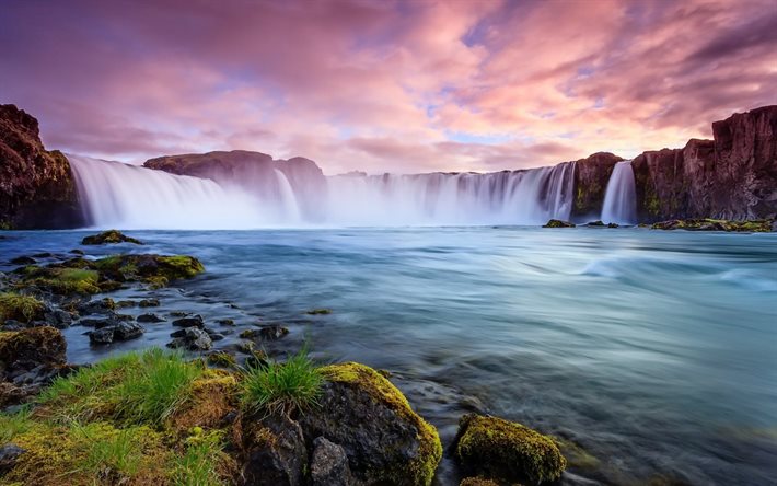 pedras, cachoeira, lago, pôr do sol, islândia