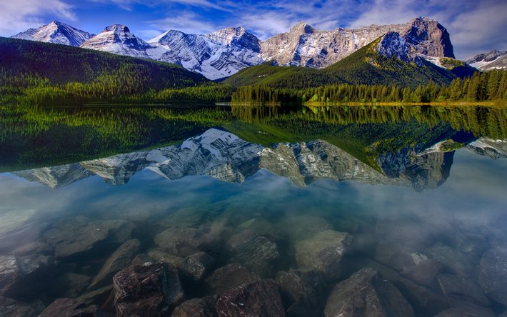 sjön, klippan, alberta, vackra berg, kanada