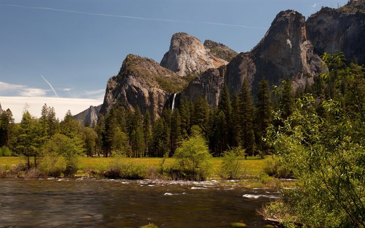 mountains, river, forest, rock, usa, california