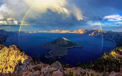 rainbow, the lake, mountains, landscape, usa, oregon, crater lake
