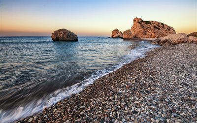 coast, morning, pebbles, the beach, rock, dawn