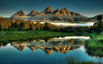 berg, sjön, morgon, dimma, grand teton, nationalpark