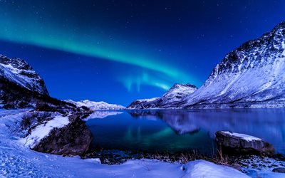 luces del norte, el lago, las montañas, la noche, la nieve