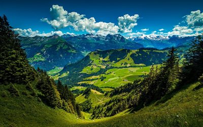 mountains, valley, green meadows, alps, switzerland, stanserhorn, swiss alps