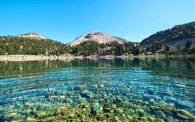 mountains, the lake, clear water, stones