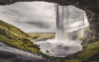 cave, waterfall, the lake, green fields, iceland