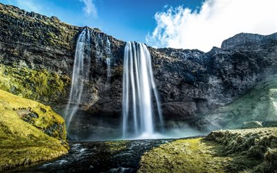 cachoeira, céu azul, rocha, islândia, seljalandsfoss