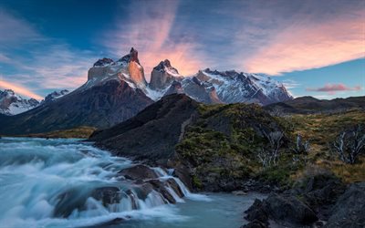 rio, chile, amanhecer, manhã, patagônia, rocha, parque nacional, montanhas, torres del paine