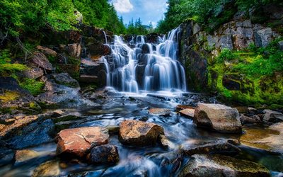 waterfall, rock, stones, river, mount rainier, washington